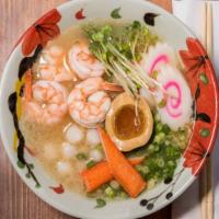 #4. Kaisen Ramen · Chicken broth, scallop, shrimp Kani fish cake Japanese sprouts scallions.
