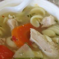 Kickin' Chicken Noodle Soup · Homemade with chunks of chicken breast, oversized veggies and noodles.... a bit spicy! A 12-...