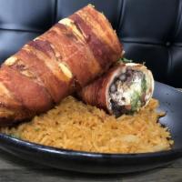 Bacon Wrapped Burrito · Choice of steak and chicken with rice, black beans, avocado, sour cream, lettuce and pico de...