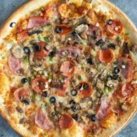 10'' Small Supreme Pizza- · Pepperoni, Sausage, Hamburger, Canadian Bacon, Mushrooms, Onion, Black Olives, Green Bell Pe...