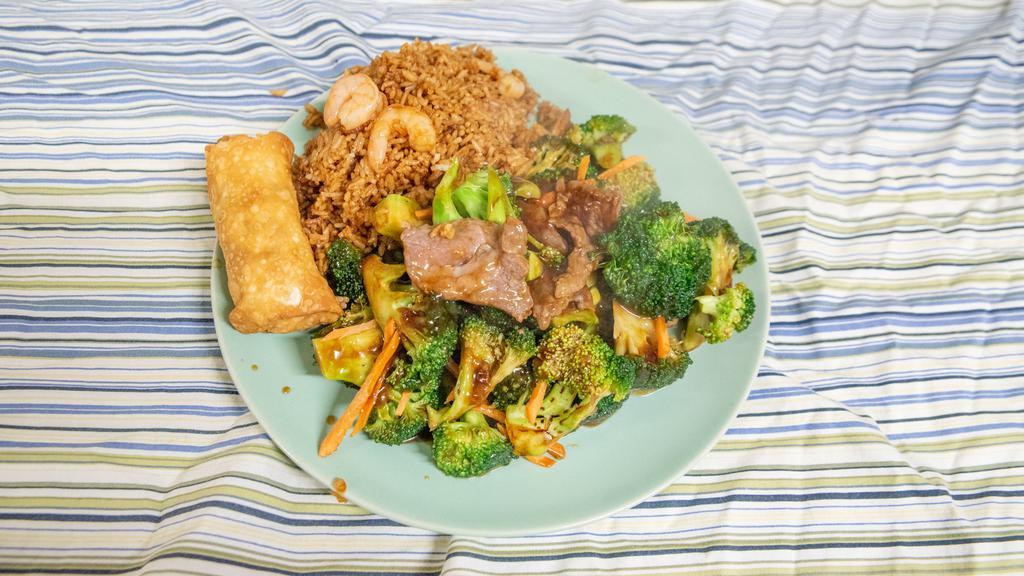Beef Broccoli · Includes Egg roll & Shrimp Fried Rice.