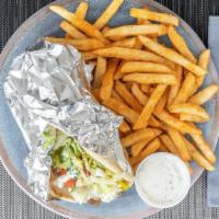 Gyro Sandwich · Lettuce, tomato, banana peppers, onion, tzatziki sauce with fries.