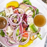 Greek Salad · Mixed iceberg & romaine lettuce with imported Greek feta cheese, Kalamata olives, Greek pepp...