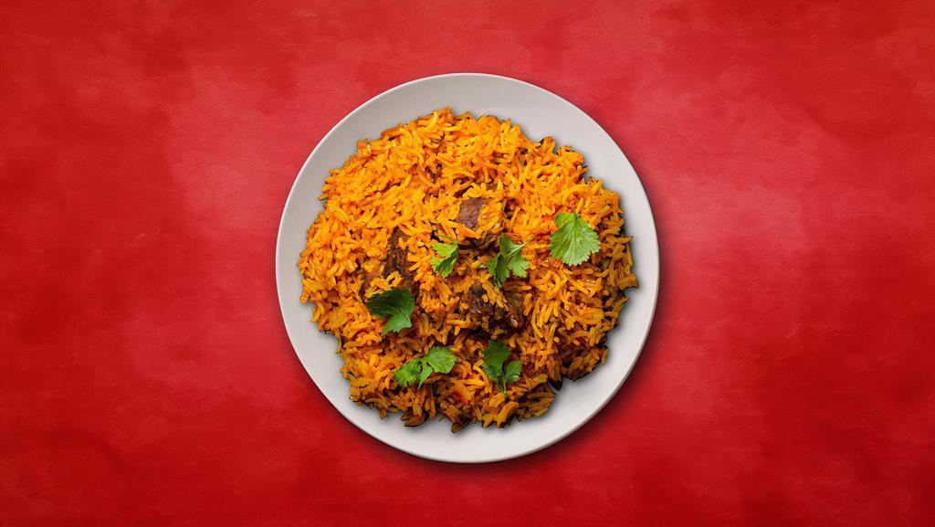 Lamb Biryani Sensation · Long grain basmati rice cooked in a sealed pot with juicy pieces of lamb in a blend of exotic Indian spices and herbs. Served with raita and a light spicy curry.
