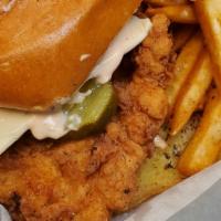 Lily B'S Dang Good Spicy  Chicken Sandwich & Fries · CRISPY Buttermilk Fried Chicken Breast, Pepper Jack Cheese and Sweet Pepper and NASHVILLE Ho...
