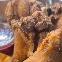 5 Piece Huge Split Buttermilk Fried Chicken Wings & Fries · Tossed in choice of parmesan garlic bbq jerk spicy ranch tennessee hot homemade dijon sweet ...