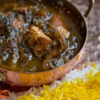 Chicken Stew(Torshe-Vash) · Eggplant, Herbs, tomato, garlic, onion,pomegranate molasses with Saffron Rice