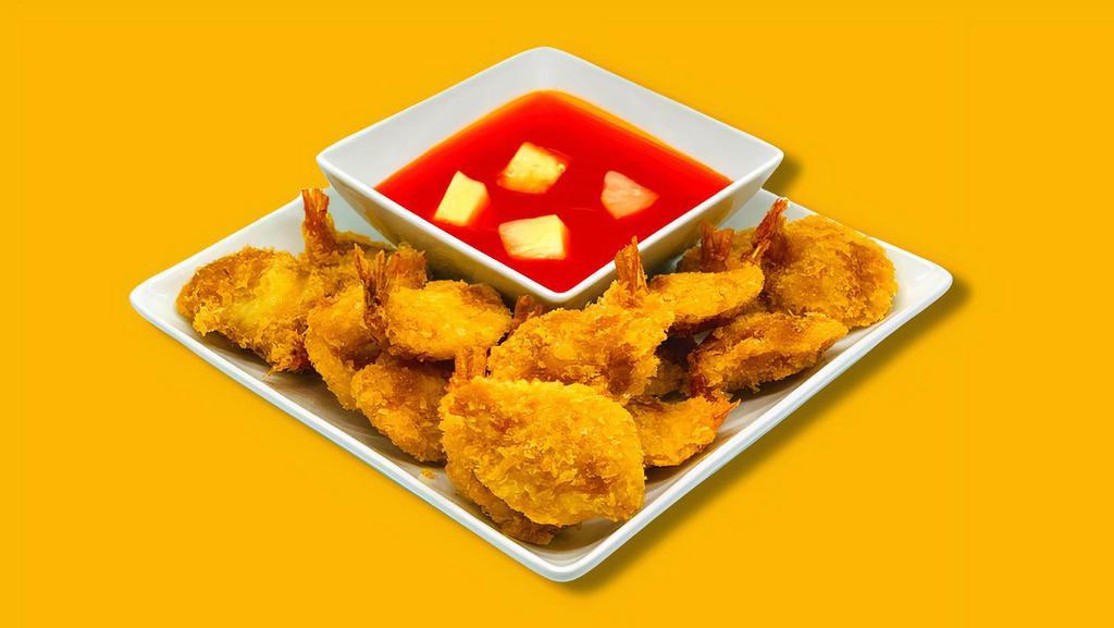 Fried Shrimp (15 Pieces) · 15 pcs. of breaded fried shrimp with a side container of sweet and sour sauce infused with pineapples.
