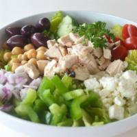 Greek Salad With Chicken · Lettuce, tomatoes, chicken, feta cheese, olives, chickpeas, red onion, cucumber and peppers,...