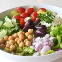 Vegetarian Greek Salad · Lettuce, tomatoes, feta cheese, olives, chickpeas, red onion, cucumber and peppers, with Gre...