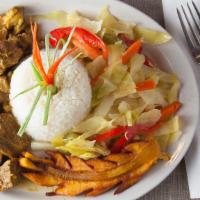 Curry Goat Dinner · Served with your choice of rice and your choice of side.
