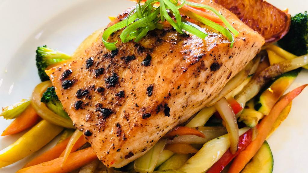 Grilled Salmon & Sauteed Vegetables · 