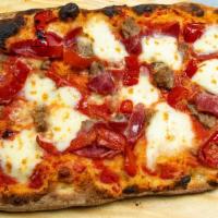 Uncle Sal’S Sweet & Spicy Sicilian · Red sauce, Italian sausage, hot capicola, mama lil's’ hot peppers, fresh mozzarella, shaved ...