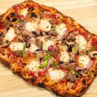 Grandpa’S Favorite · Red sauce, Italian sausage, black olives, green peppers, onions, mushrooms, shaved parmesan,...