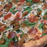 Joe'S Supreme Pizza · Sausage, mushrooms, fresh green peppers and aromatic onions. Served with thin crust.