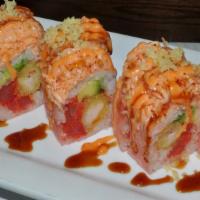 Osaka Dragon Roll · In: shrimp tempura, avocado, spicy tuna.

Out: sp snow crab, tobiko with sp mayo and eel sau...