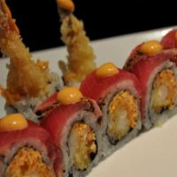 Stateland Roll · In: shrimp tempura, sp crab meat, cucumber.

Out: seal tuna, spicy mayo or eel sauce.

These...