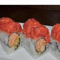 Riverdale Roll · In: shrimp tempura and spicy snow crab.

Out: spicy tuna.

These items are served raw or und...