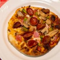 Special Pizza · Cheese, pepperoni, ham, bacon, mushrooms, and green peppers. large.