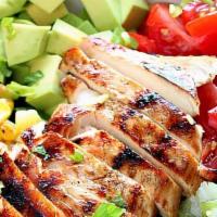 Deluxe Chicken Salad · Your choice of freshly grilled or fried chicken atop fresh lettuce with tomatoes and cucumbe...