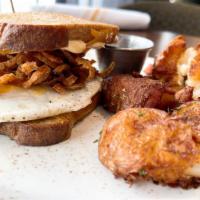 Egg & Cheddar Sandwich · Any style egg, Tabasco aioli, frizzled onions, choice of bread, breakfast potatoes