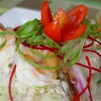 Glass Noodle Salad · shrimp, minced chicken, red bell peppers, tomatoes, onions, peanuts, cilantro, lime, fresh s...