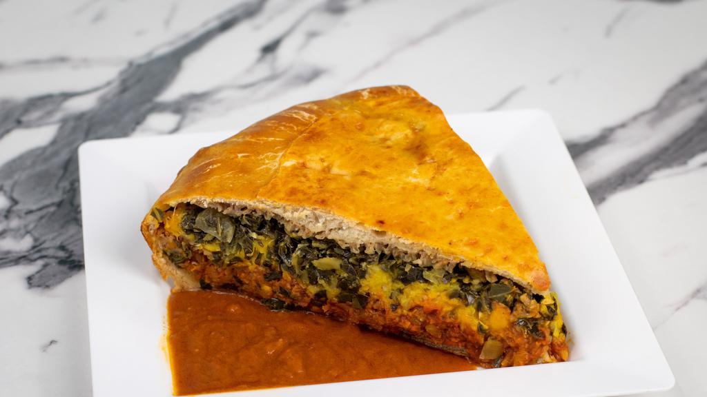 Yemama'S Ethio Savory Pie(Veggie) · A savory pie slice filled with collard greens, split peas, and lentils. Served with shiro(chickpea) sauce.