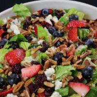 Berry Salad · Greens, strawberries, blueberries (seasonal), cranberries, toasted pecans, crumbled bleu che...