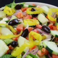 Greek Salad · Greens, tomatoes, cucumbers, banana peppers, kalamata olives, red onions, feta cheese.