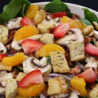 Spinach Salad · Spinach, mushrooms, red onions, bacon, mandarin oranges, strawberries, hard-boiled eggs, cro...