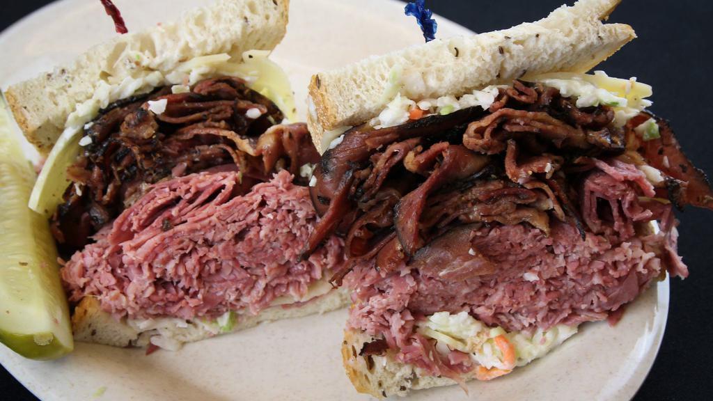 Love Connection · Choose two - corned beef, pastrami, roast beef or turkey, swiss, coleslaw on rye.
Currently out of roast beef