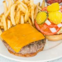 Cheeseburger* · cheddar, lettuce, tomato, onion, pickle, mayonnaise. served with your choice of a side
