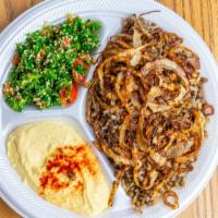 Mujjadra Platter · Lentil and rice topped with caramelized onions with hummus and tabouli and pita bread.