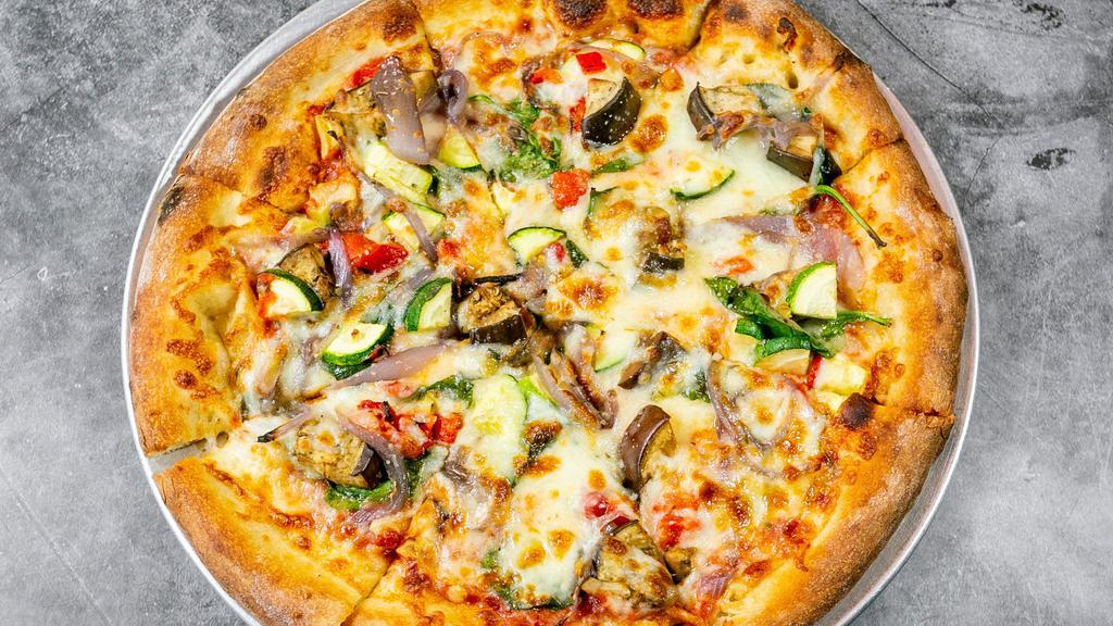 Mediterranean Roasted Vegetable Pizza
 · Roasted eggplant, zucchini, caramelized onions, mozzarella cheese, roasted garlic, & roasted red peppers with spinach.