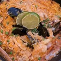 Seafood Paella · Chef's choice. Saffron infused rice, calamari, mussels, shrimp, clams, tilapia, green onions...