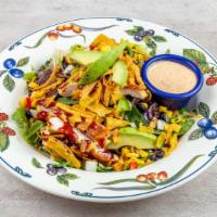 Southwest Chicken Salad · Seasoned grilled breast of chicken basted with BBQ sauce, avocado slices, corn, black beans,...