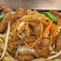 Beef Lo Mein · Snow peas, carrots, bean sprout, cabbage and onion with soft egg noodle