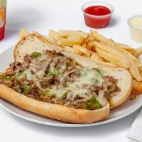 Philly Cheese Steak Sandwich With Fries · Philly style sliced steak cooked and seasoned with onions, mushrooms, and bell peppers come ...