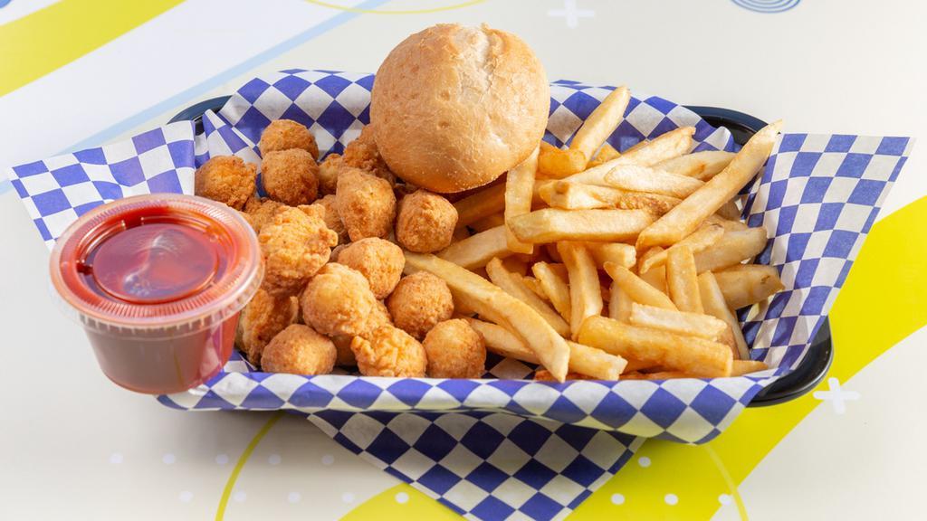 Popcorn Chicken Dinner · Comes With Fries, 1 dinner roll, Coleslaw, and Your Choice of BBQ, hot sauce, and lemon pepper