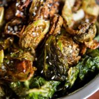 Bacon Bourbon Brussels Sprouts · soy bourbon glaze, bacon, sesame seeds