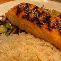 Salmon · asian glazed salmon with jasmine rice and an mixed veg slaw
