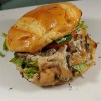 Fun Guy · Sauteed mushrooms, swiss cheese, seasoned tomato, green leaf lettuce and truck-made worceste...