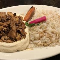 Lunch Chicken Shawarma · Served with choice of fries or rice, soup or house salad, bread basket and dip.