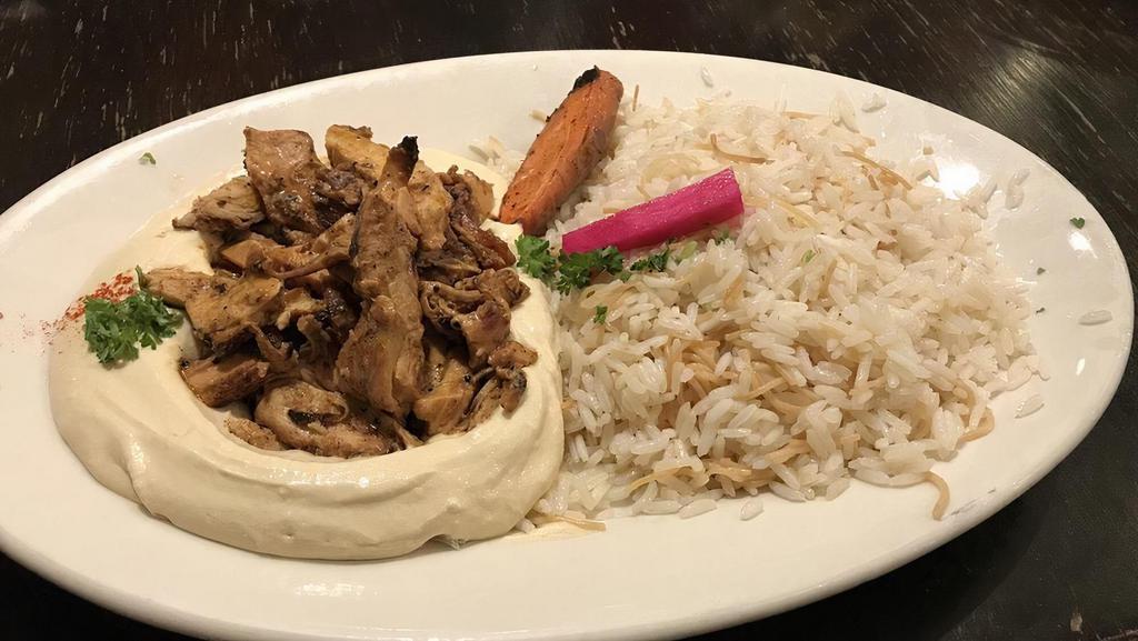 Lunch Chicken Shawarma · Served with choice of fries or rice, soup or house salad, bread basket and dip.