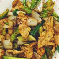 Black Pepper Chicken · Chicken with celery and white and green onions stir-fry with salt and black pepper.