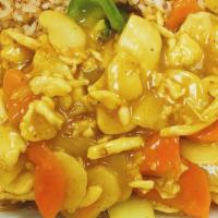 Curry Chicken · Hot. Chicken with bell pepper, carrots, white onions, water chestnut, and bamboo with yellow...
