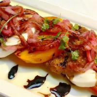 Rp’S Tomatoes · Fried green and hot house tomatoes, fresh mozzarella, balsamic redux, basil infused evoo, cr...