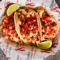Shrimp Tacos (3) · North Atlantic Shrimp, served with cabbage, pico de gallo, and cilantro lime sauce, on flour...