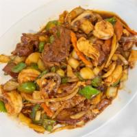 Lucky 7 · Spicy. Combination of shrimp, beef, chicken and B.B.Q. pork stir-fried in a brown sauce with...