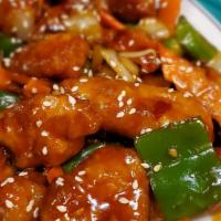 Empress Chicken · Spicy. Breaded white meat chicken mixed with green pepper, carrot and onion in a B.B.Q. swee...